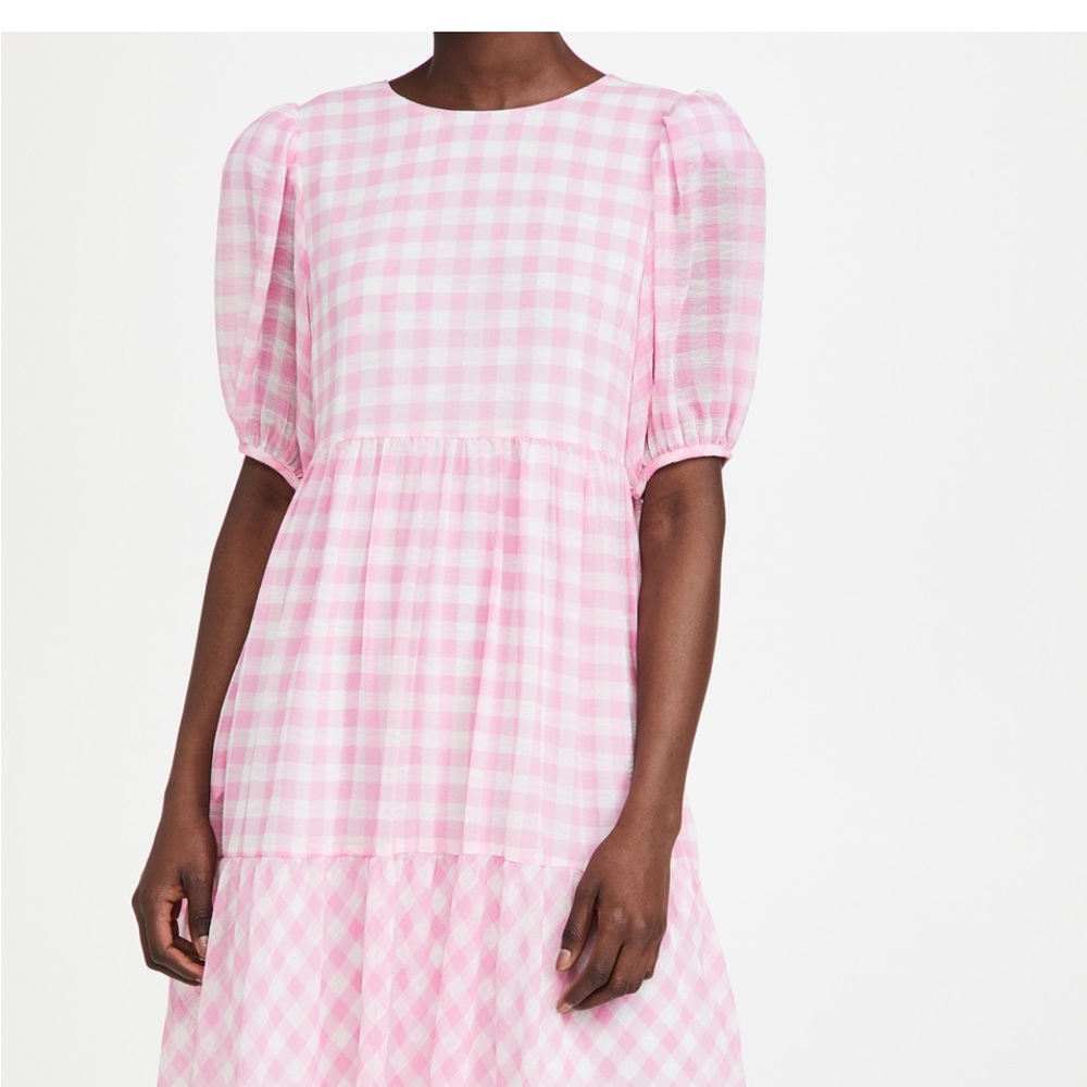 English Factory Gingham print midi dress pink and white